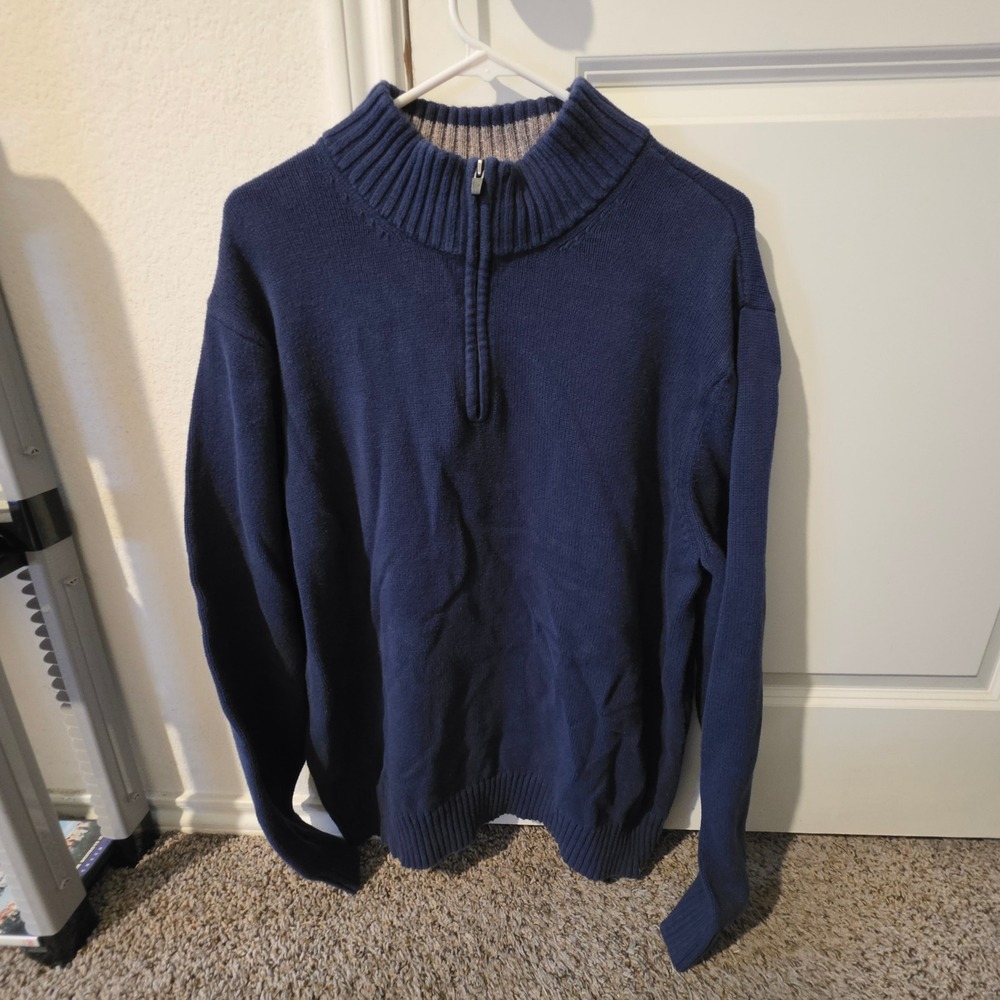 Eddie Bauer Mens XL Navy Blue Quarter Zip Mock Neck Ribbed Knit Pullover Sweater - Picture 2 of 6